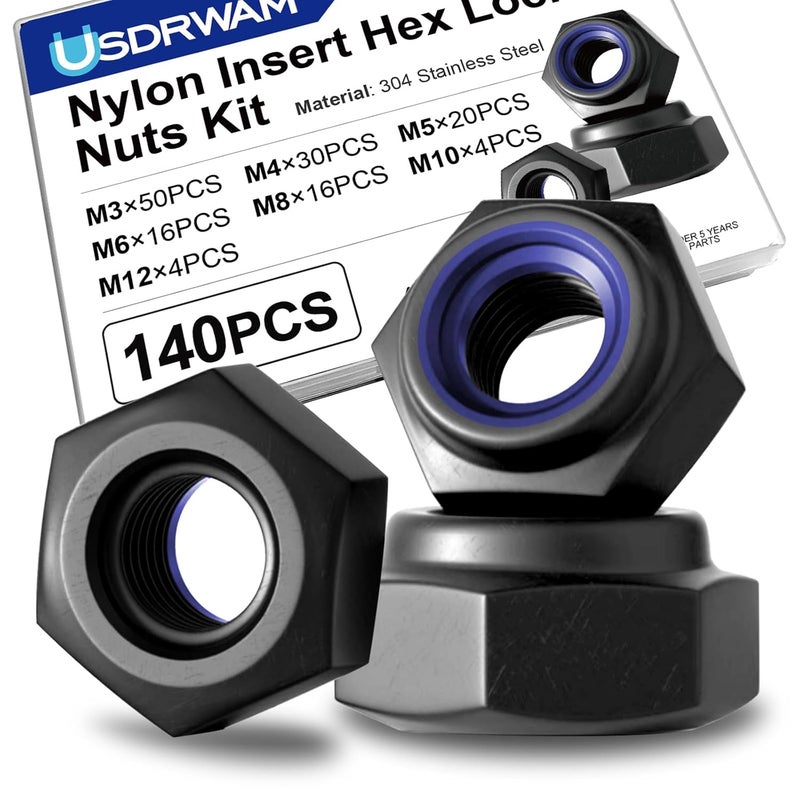 Usdrwam 140 Pcs Lock Nuts Assortment Kit M3 M4 M5 M6 M8 M10 M12, 304 Stainless Steel Black PVD Coated Nylon Insert Hex Nuts - Image 1